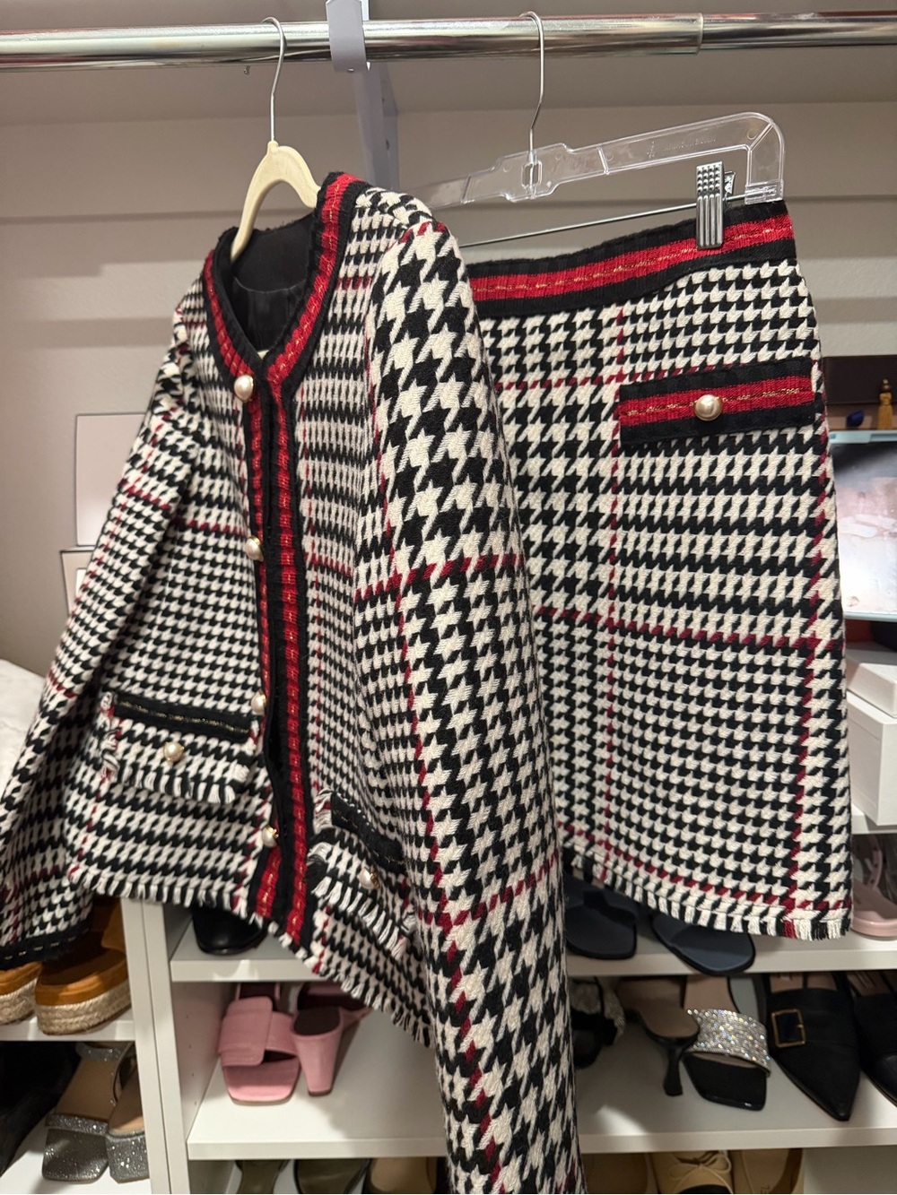 Houndstooth Tweed Jacket & Skirt Set - Black/White with Red Trim